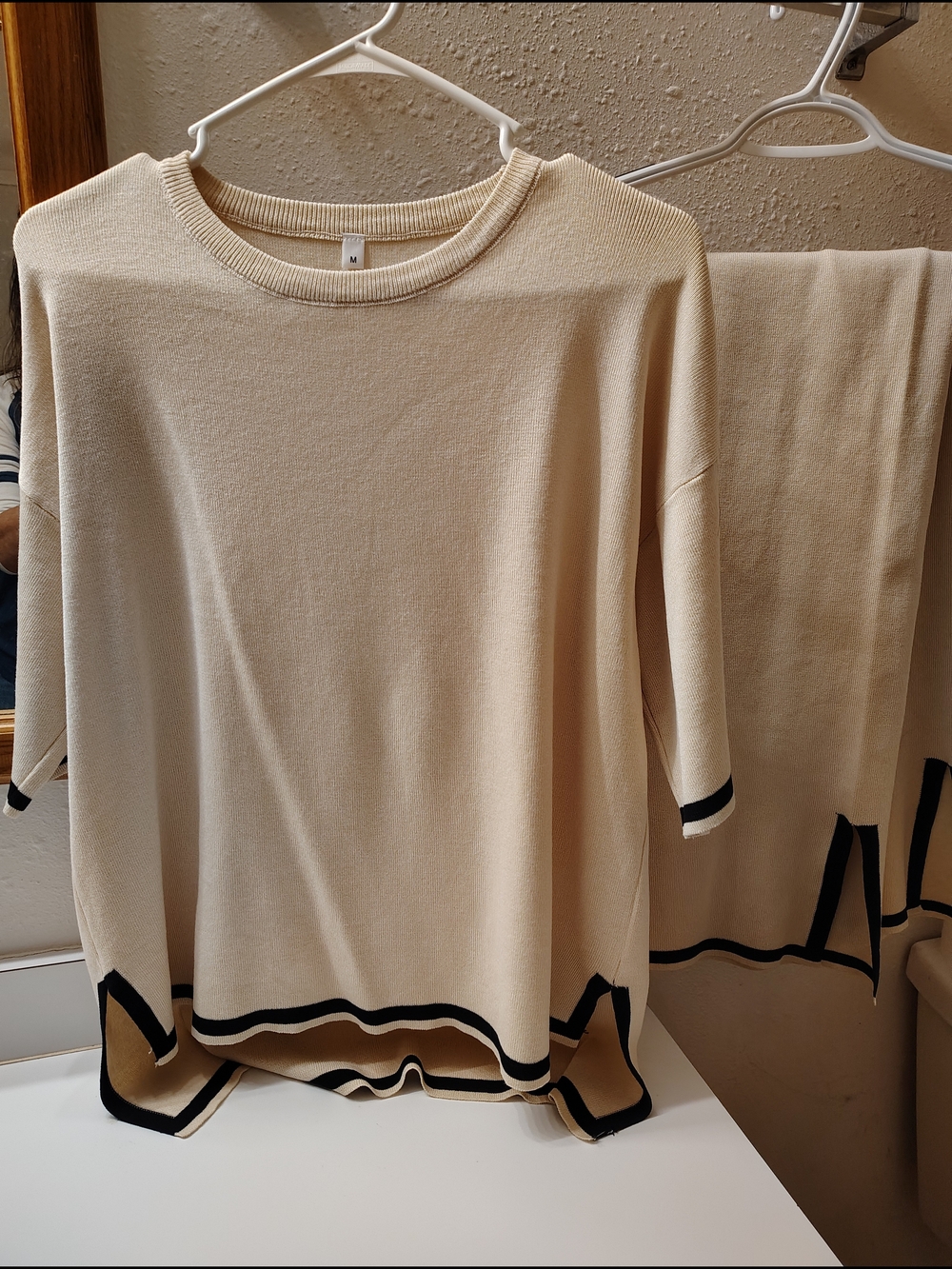 Beige Knit Set Elastic Waist Pant Suit